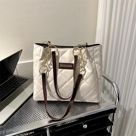Large Capacity Quilted PU Leather Tote Bag For Women Fashion Rhombus Pattern Shoulder Handbag With Gold Alloy Chain Strap