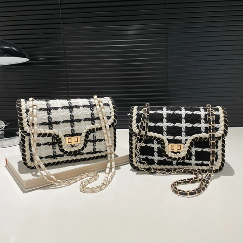 Women Vintage Tweed Plaid Woven Chain Shoulder Bag Fashion PU Leather Crossbody Bag Small Square Bag With Metal Lock