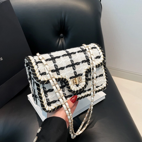 Women Shoulder Bag Tweed Plaid Chain Strap Flap Square Vintage Elegant Crossbody Handbag