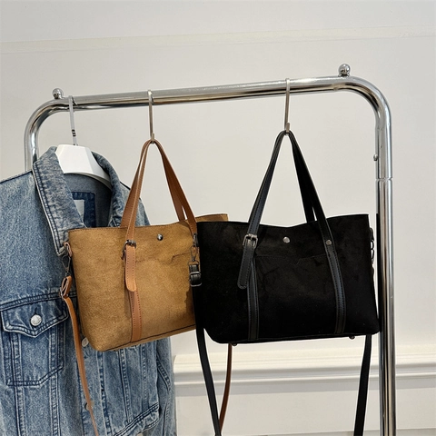 Retro Matte Faux Suede Tote Bag Für Damen Große Kapazität Splicing Pendler Schulter Umhängetasche Mit Verstellbarem Riemen