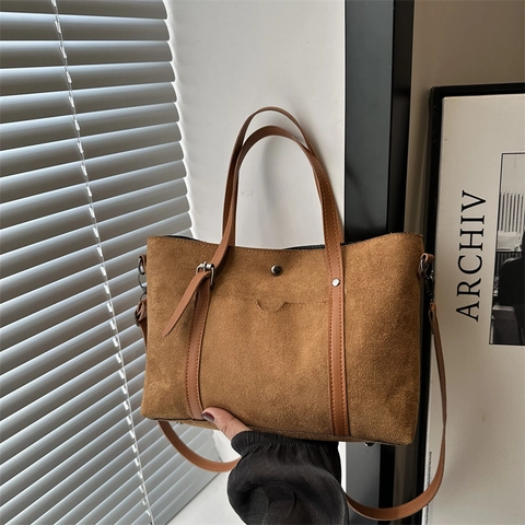 Retro Matte Faux Suede Tote Bag Für Damen Große Kapazität Splicing Pendler Schulter Umhängetasche Mit Verstellbarem Riemen