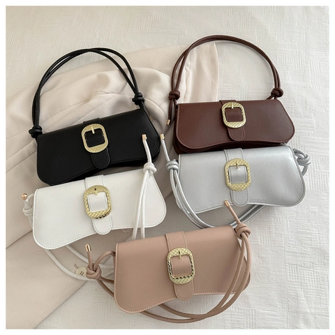Women PU Leather Underarm Bag Vintage Curved Bottom With Large Gold Buckle Knotted Shoulder Strap Fashion Daily