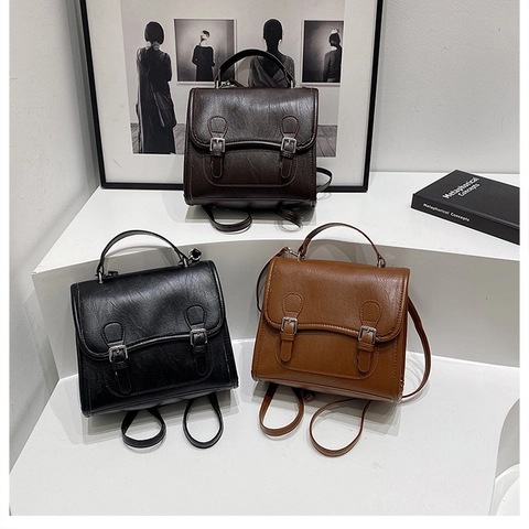 Vintage British Style Cambridge Backpack PU Leather For Women Preppy Fashion Square Handbag Crossbody Bag Multi Functional