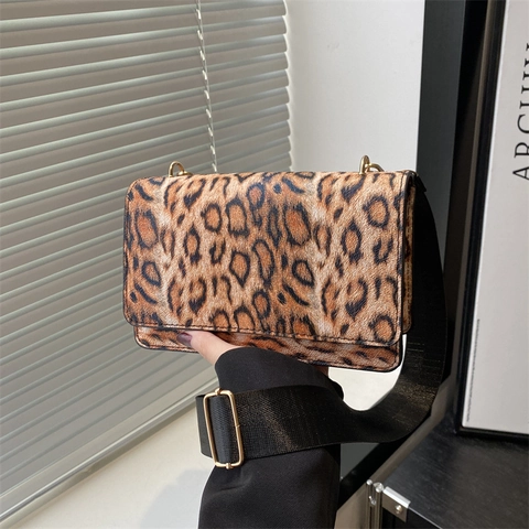 Sac Bandoulière à Imprimé Léopard Pour Femmes Sac Carré en Cuir PU Avec Large Bandoulière Réglable Sac à Main Tendance Décontracté