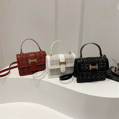 Women Mini Square Crossbody Bag Tweed PU Leather Splicing Handbag Vintage Elegant Shoulder Purse Metal H-Buckle Decor