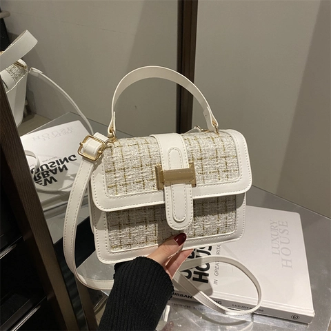 Women Mini Square Crossbody Bag Tweed PU Leather Splicing Handbag Vintage Elegant Shoulder Purse Metal H-Buckle Decor