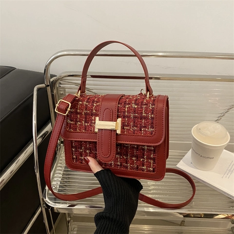 Tweed PU Leather Crossbody Bag Women Top Handle Small Square Handbag Elegant Shoulder Bag With Metal Buckle