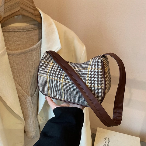 Retro Geruite Wollen Okseltas Dames Vintage Tweed Halve Maan Schoudertas Met Schattige Pluche Wolk Hanger Chic