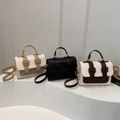 Bolso De Hombro De Cuero PU En Bloques De Color Bolso De Mano Cuadrado Retro Con Doble Hebilla Para Mujer Patchwork