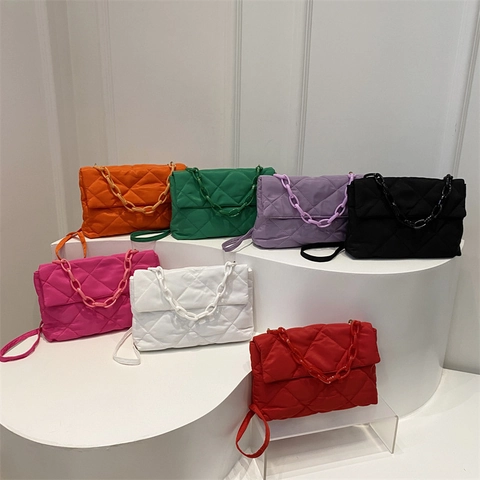 Quilted Shoulder Bag For Women Rhombic Pattern Flap Crossbody Purse With Thick Chain Puffy Nylon Fashion Envelope Bag