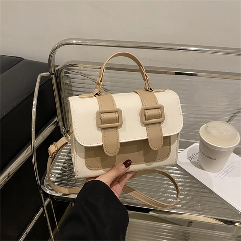 Bolso De Hombro De Cuero PU En Bloques De Color Bolso De Mano Cuadrado Retro Con Doble Hebilla Para Mujer Patchwork