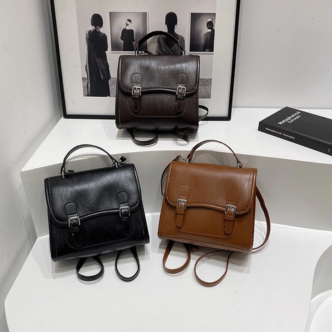 Vintage Britischer Preppy PU Leder Rucksack Umhängetasche Für Damen Große Kapazität Doppel Schnalle Lässig Täglich