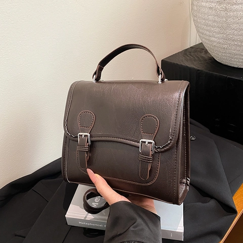 Vintage Britischer Preppy PU Leder Rucksack Umhängetasche Für Damen Große Kapazität Doppel Schnalle Lässig Täglich