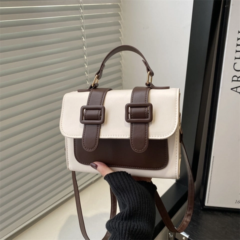 Bolso Cuadrado Pequeño de Moda de Cuero PU para Mujer Color de Contraste Orejas de Oso Bolso de Bandolera Vintage Bolso de Mano con Hebilla