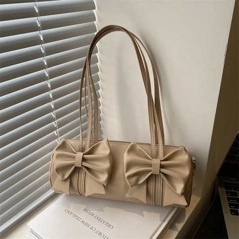 Borsa a Tracolla Cilindrica in Pelle PU di Moda Donna Grande Capacità Dolce Decorazione a Doppio Fiocco Borsa Sottobraccio