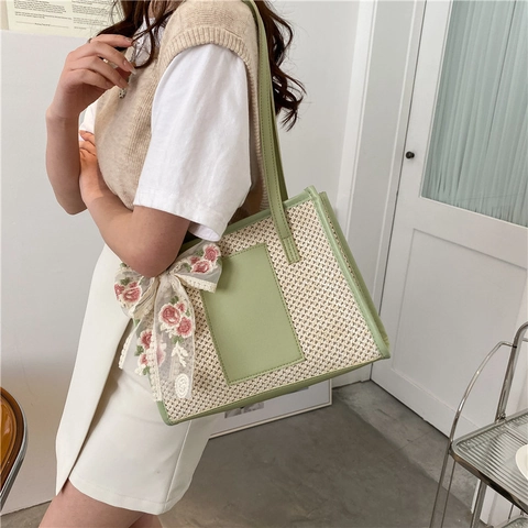 Damen Stroh Gewebte Tragetasche Spitze Stickerei Schleife Große Kapazität Sommer Strand Schulterhandtasche Elegant