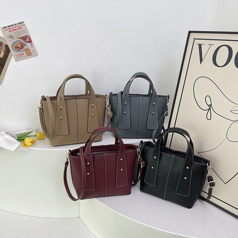 Damen Tote Bag Aus PU Leder Mit Litchi Textur Mode Schultertasche Mit Kontrastnähten Goldnieten Und Abnehmbarem Gurt