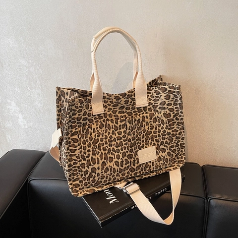 Sac Fourre-Tout en Toile Imprimé Léopard Rétro pour Femmes Grande Capacité Sac à Bandoulière Avec Sangle Réglable Multi-Poches Sac à Main Décontracté