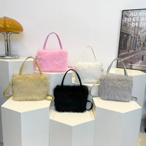 Faux Fur Shoulder Bag Plush Tote Handbag With Adjustable Strap Solid Color Winter Fashion For Women