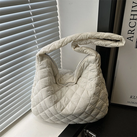 Quilted Shoulder Bag Diamond Lattice Padded Large Capacity Polyester Puffy Hobo Tote Casual For Women