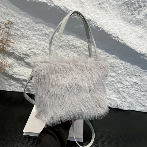 Faux Fur Shoulder Bag Plush Tote Handbag With Adjustable Strap Solid Color Winter Fashion For Women