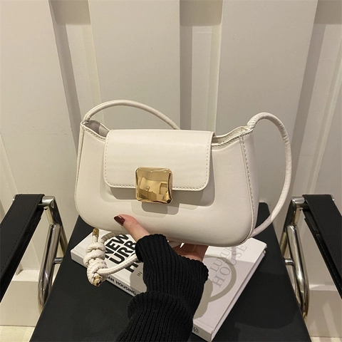 Women Shoulder Bag PU Leather Underarm Crossbody Knotted Strap Square Metal Buckle Minimalist Solid Color Vintage