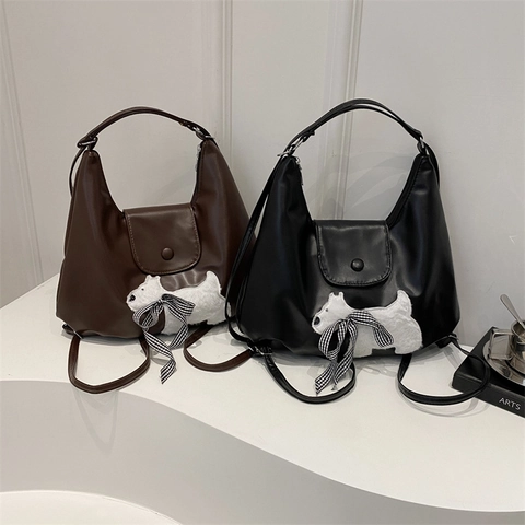 Damen Schultertasche PU Leder Große Kapazität Hobo Handtasche Süßer Plüschhund Aufnäher Karoschleife Koreanischer Stil