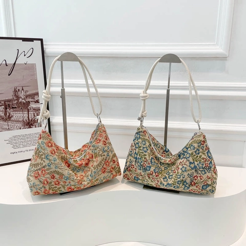 Bolso Hobo Vintage Con Estampado Floral Y Correa De Hombro Anudada Gran Capacidad Estilo Pastoral Casual Para Mujeres