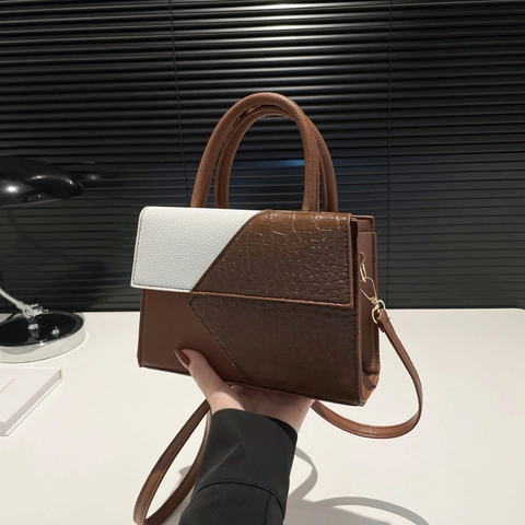 Borsa a Spalla da Donna in Pelle PU di Moda Retrò Motivo Coccodrillo Splicing a Contrasto Borsa a Tracolla Con Fibbia Magnetica