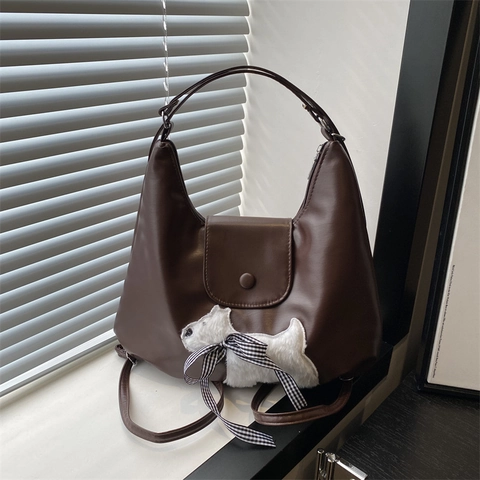 Sac à Épaule en Cuir PU pour Femmes Grande Capacité Sac Hobo Décontracté Avec Chien en Peluche Nœud Écossais Sac Bandoulière