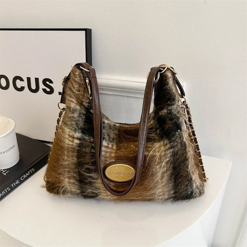 Sac À Épaule Vintage En Laine À Carreaux Grande Capacité Sac Sous Les Aisselles Avec Chaîne En Métal Pour Femmes