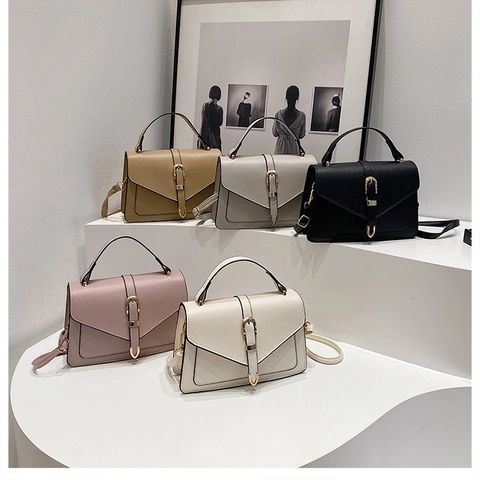 Vintage Minimalist PU Leather Crossbody Bag For Women Fashion Lychee Texture Handbag With Metal Buckle Shoulder Bag