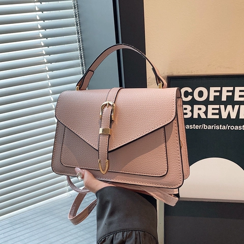 Women PU Leather Small Square Crossbody Bag Simple Lychee Pattern Flap Handbag With Metal Buckle Commuter Chic