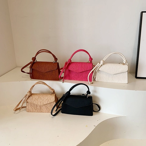 Women PU Leather Shoulder Bag Lace Embossed Flower Pattern Knotted Top Handle Envelope Flap Crossbody Bag Elegant Trendy