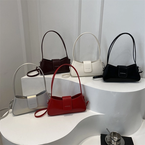 Women Glossy PU Leather Baguette Bag Minimalist Underarm Shoulder Purse With Flip Cover Fashion Casual Daily
