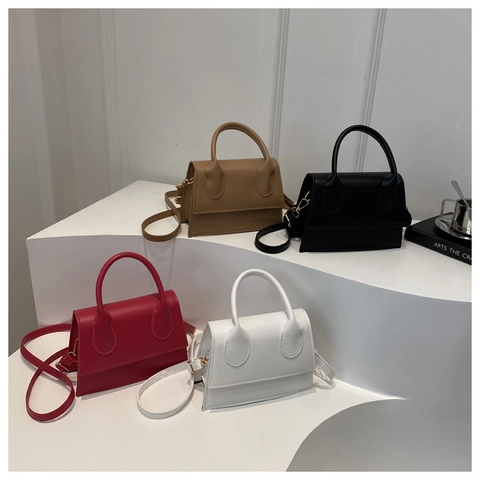 Women Retro PU Leather Small Square Crossbody Bag Simple Trapezoid Handbag With Round Handle Detachable Shoulder Strap Daily Satchel