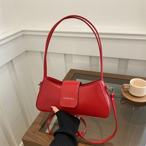 Women Glossy PU Leather Baguette Bag Minimalist Underarm Shoulder Purse With Flip Cover Fashion Casual Daily