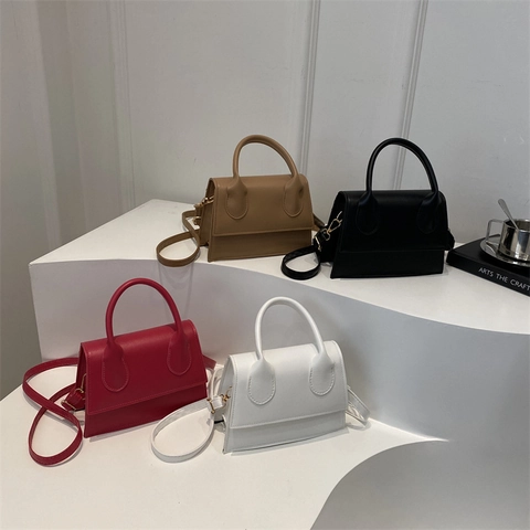 Women PU Leather Small Square Handbag Top Handle Flap Shoulder Crossbody Bag Solid Color Trendy Elegant