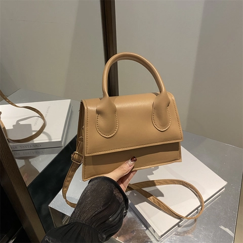 Women PU Leather Small Square Handbag Top Handle Flap Shoulder Crossbody Bag Solid Color Trendy Elegant