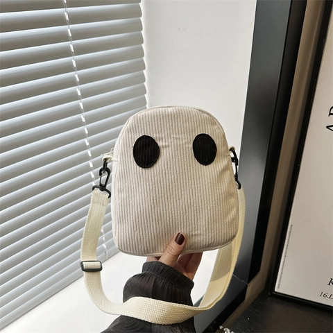 Corduroy Kleine Crossbody Tas Cartoon Geest Gezicht Casual Messenger Bag Voor Vrouwen En Studenten