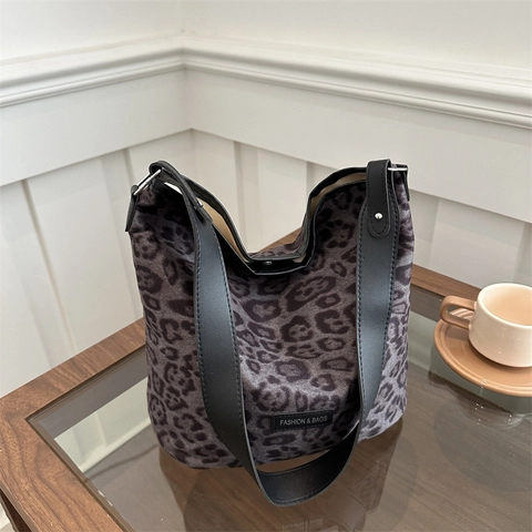 Damen Tote Bag Mit Leopardenmuster Große Kapazität Stoff Schultertasche Mit PU Lederriemen Retro Mode Büro Pendeln