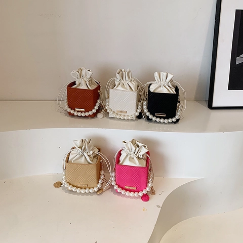 Mini Woven PU Leather Bucket Bag With Large Faux Artificial Pearl Handle Square Drawstring Crossbody Shoulder Handbag Trendy Women