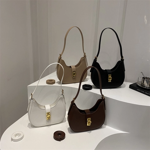 Bolso de Hombro Medialuna de Cuero PU para Mujer Moda Retro Color Sólido Gran Capacidad Bolso de Axila Con Hebilla Dorada