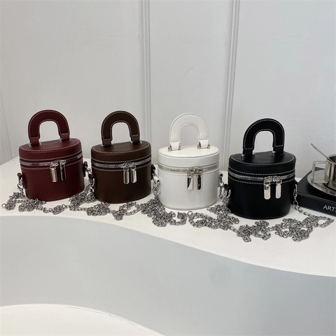 Mode PU Leder Zylinder Beuteltasche Damen Doppelreißverschluss Kontrastnähte Silberne Kette Minimalistische Handtasche