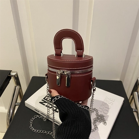 Damen Mini Zylinder Umhängetasche PU Leder Kontrastnähte Eimer Handtasche Silberne Kette Reißverschluss Trendig