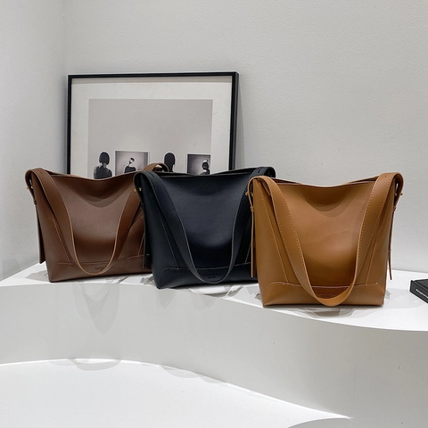Bolso De Cubo Y Bolsa Para Mujer Cuero PU Gran Capacidad Retro Simple Bolso De Hombro Bandoulière Para Diario