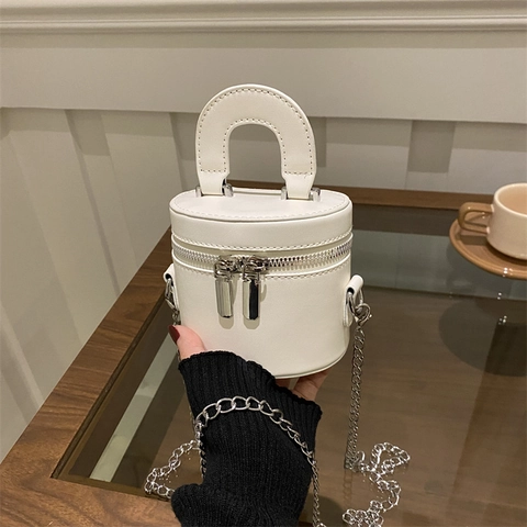 Borsa a Secchiello Cilindrica Mini da Donna in Pelle PU Moda Catena Tracolla Piccola Borsa a Mano Con Cuciture a Contrasto