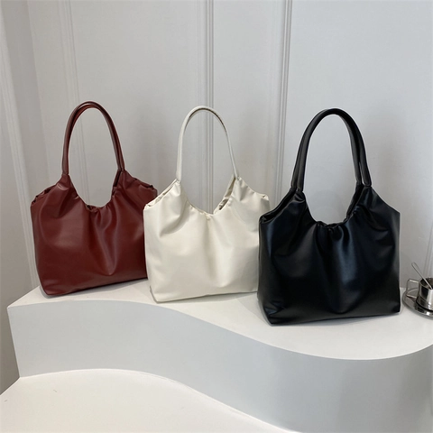 Ruched PU Leather Tote Bag Large Capacity Minimalist Commuter Shoulder Handbag For Women