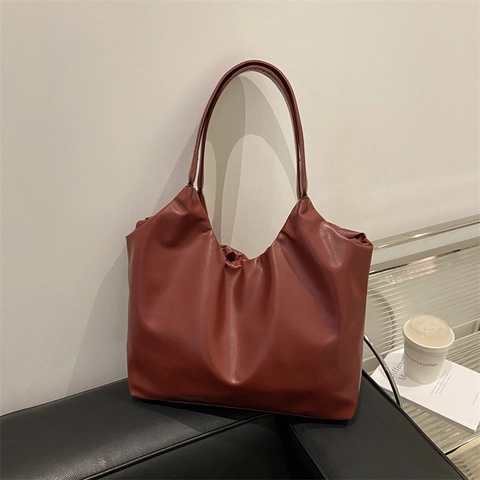 Ruched PU Leather Tote Bag Large Capacity Minimalist Commuter Shoulder Handbag For Women