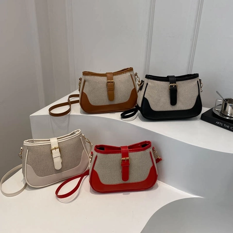 Bolso De Hombro De Lona Y Cuero PU Retro Bolso De Axila De Color En Contraste Con Hebilla De Cinturón Para Mujer